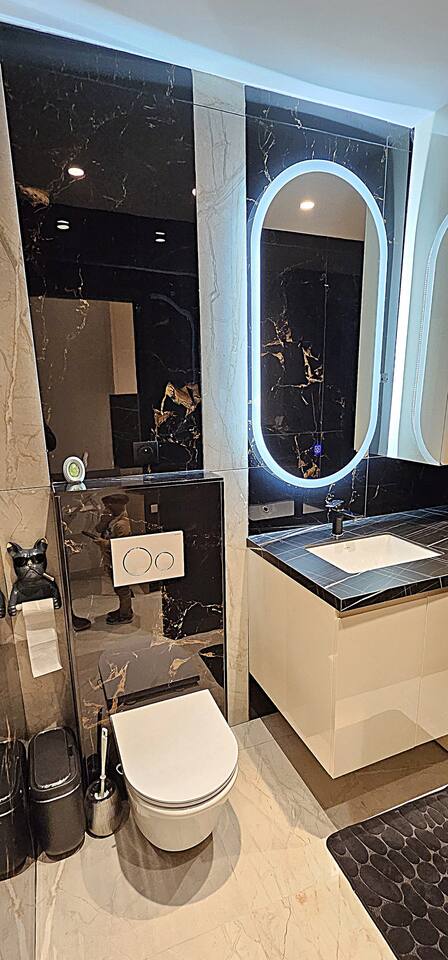 Oval backlit mirror and toilet in the black marble bathroom